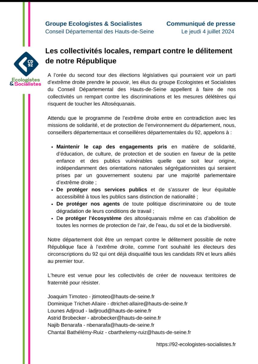 Tribune du groupe écologiste et socialiste au Conseil&nbsp;Départemental