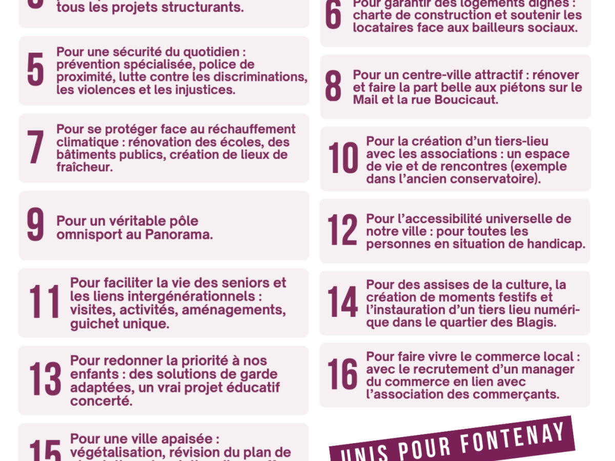 PROPOSITIONS DE LA LISTE MVF – UNIS POUR&nbsp;FONTENAY